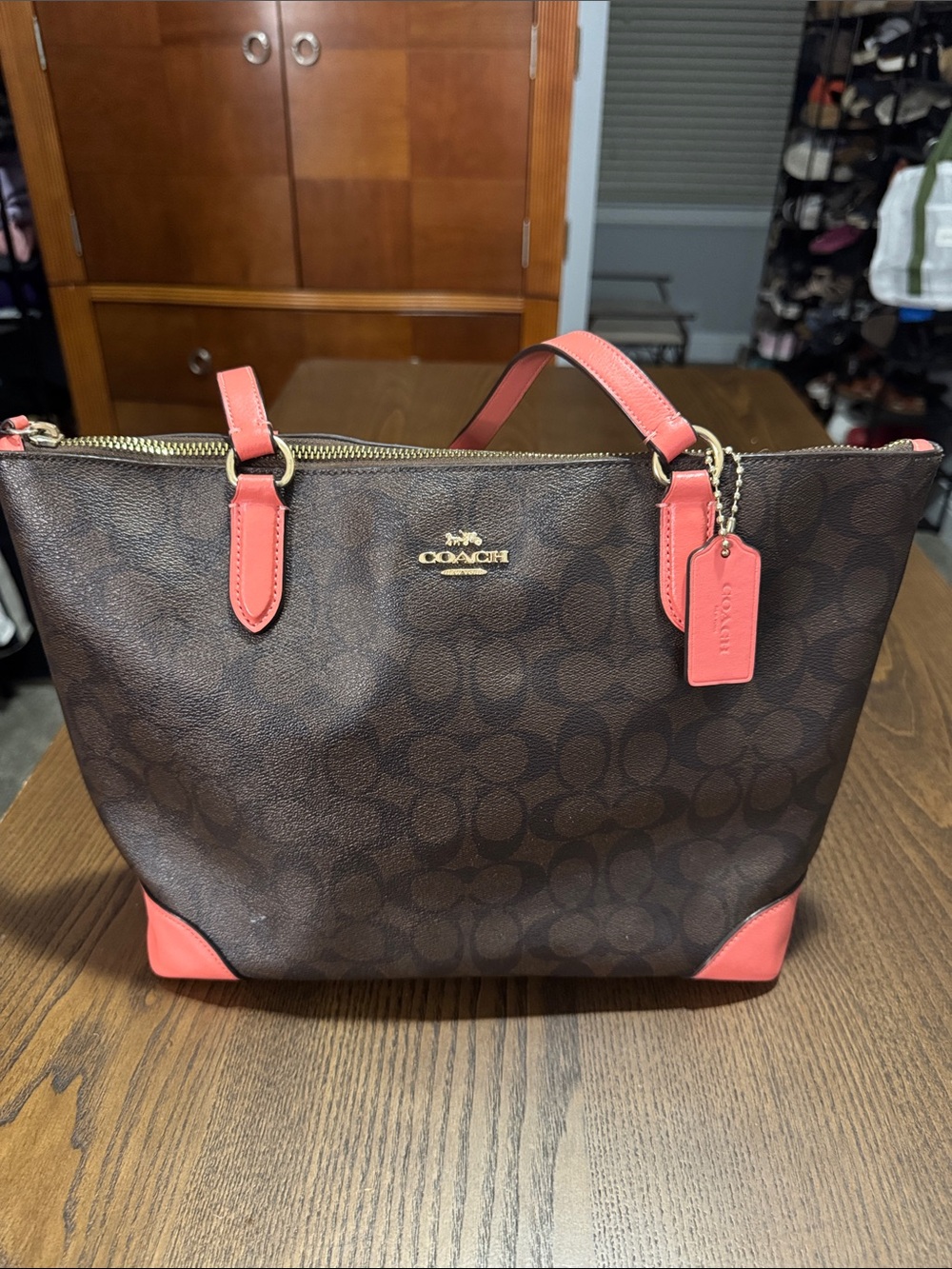 Coach Brown Signature Tote with Coral Accents
